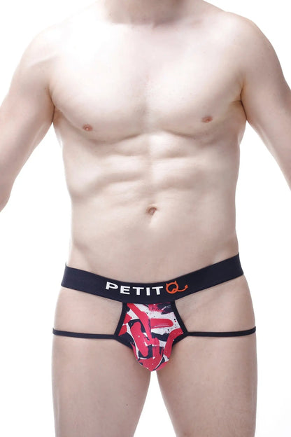 Red and white abstract patterned men’s briefs with black petitq branded elastic waistband from jockstrap monze chick collection
