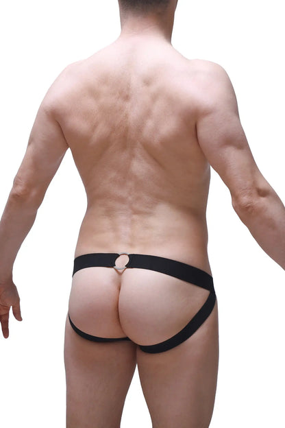 Black athletic jockstrap moys panthere back side showing circular metallic clasp on breathable fabric briefs