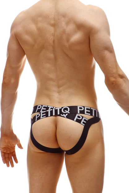 Black petitq branded briefs with white lettering and a distinctive cut from the jockstrap muron nuage collection