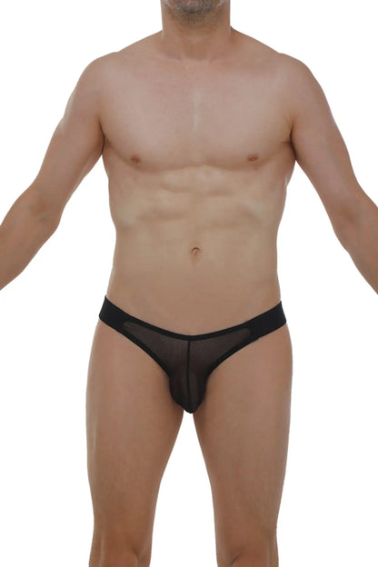 Black sheer mesh briefs with solid waistband designed as jockstrap muy net black showing front side view