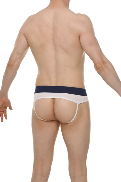 White and navy blue jockstrap briefs with a narrow waistband designed for open skine comfort and support
