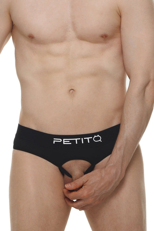 Black petitq brand men’s jockstrap open skine briefs with central cutout and white logo on waistband