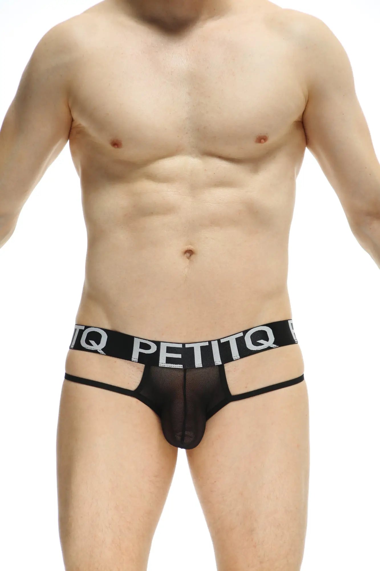 Black mesh jockstrap osmoy net briefs with bold black waistband and petitq logo in white lettering