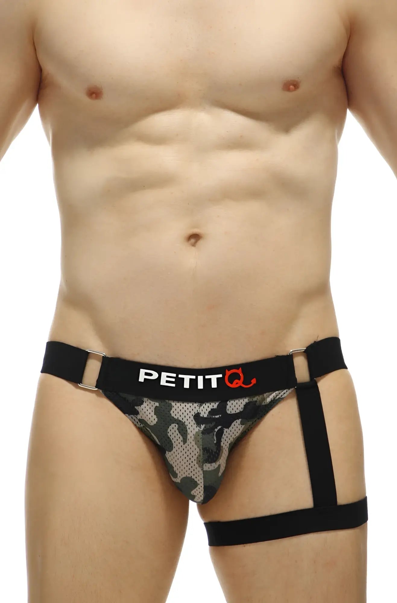 Black and green camouflage pattern petitq men’s jockstrap prenay camo mesh briefs with black elastic straps front view