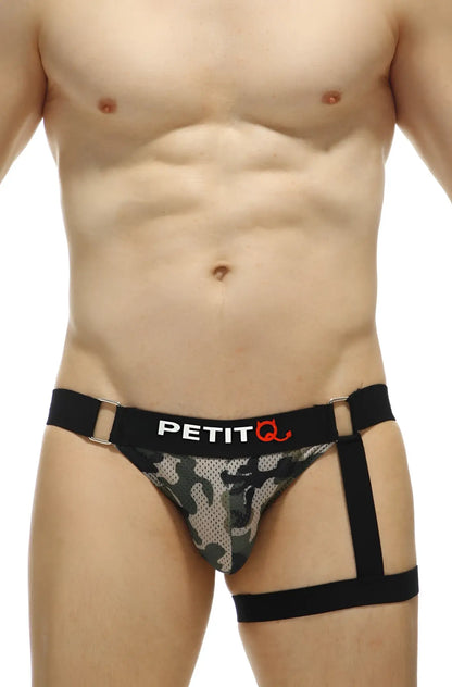 Black and green camouflage pattern petitq men’s jockstrap prenay camo mesh briefs with black elastic straps front view