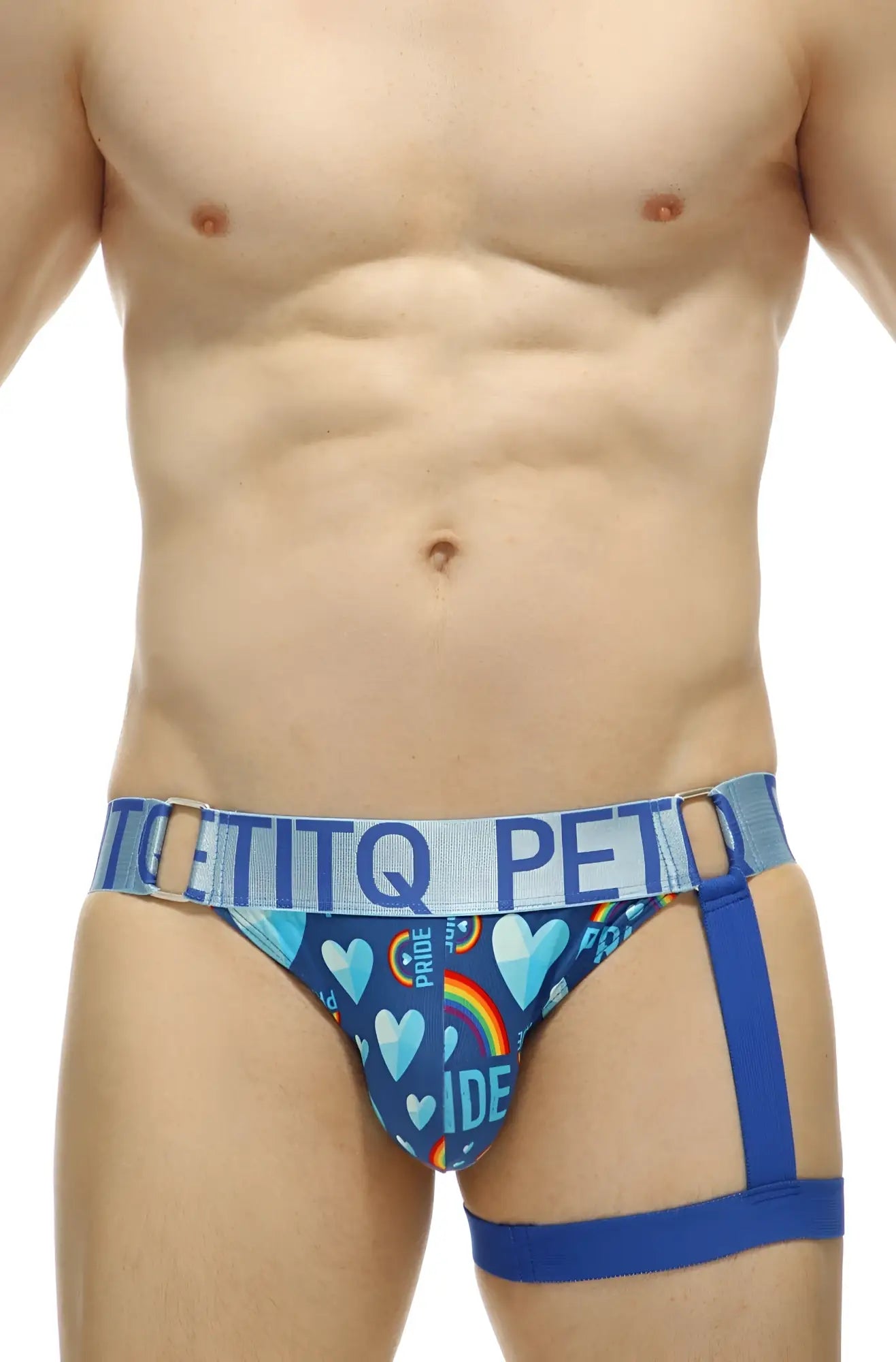 Blue patterned men’s briefs with heart and rainbow designs and light blue petitq waistband from jockstrap prenay pride