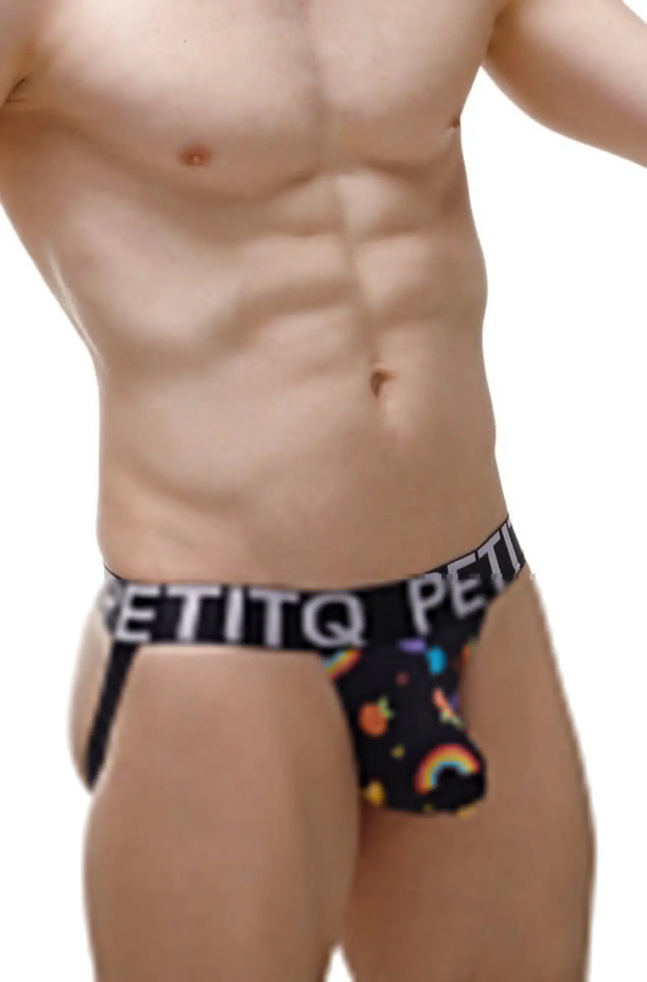 Black petitq men’s briefs jockstrap taik sitges with playful rainbow and fruit pattern on the front