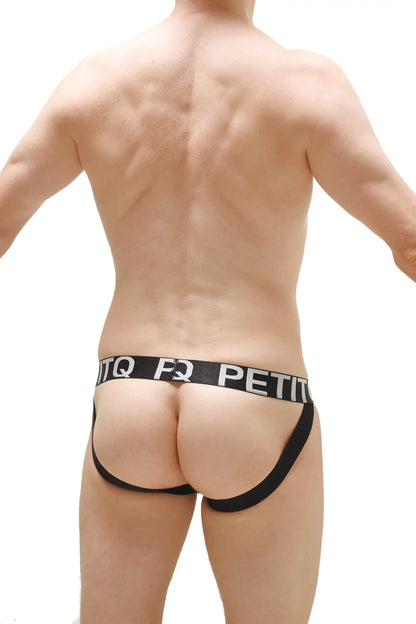 Black athletic jockstrap with white pad and petit logo on waistband designed for support and comfort