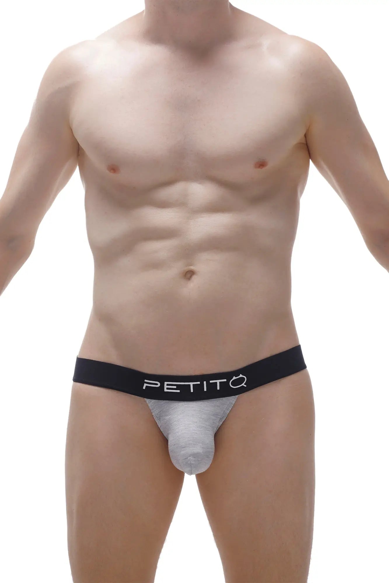 Gray jockstrap x-cross with black waistband featuring brand logo designed for support and comfort
