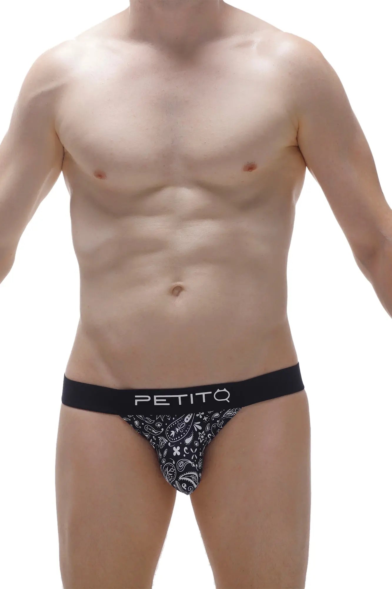 Black and white paisley patterned jockstring ardrier bandana briefs with solid black waistband front view