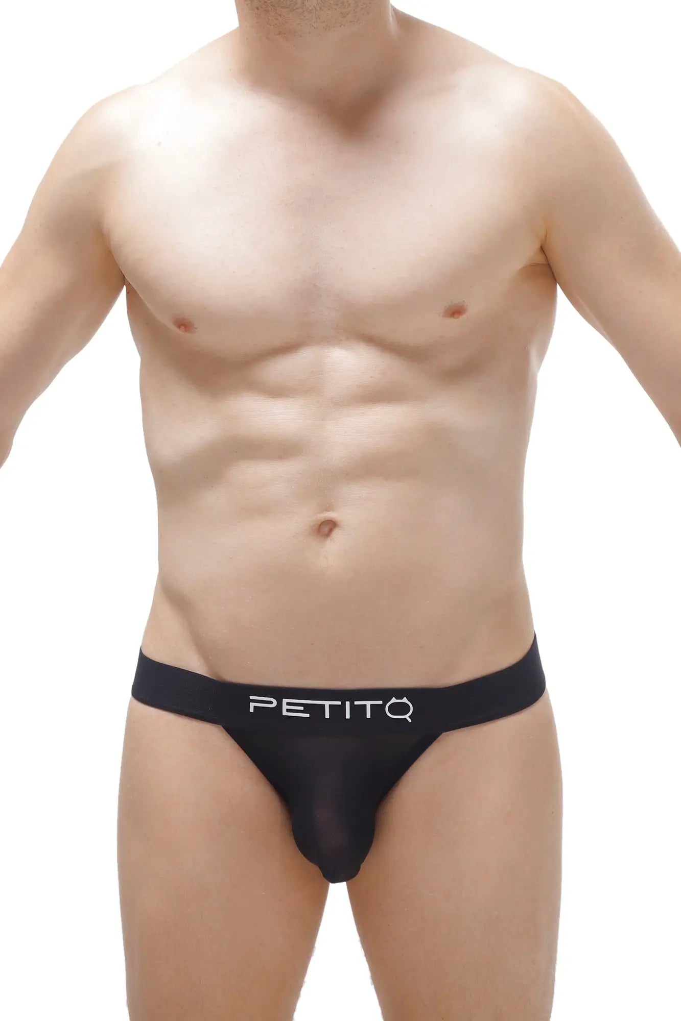 Black petitq brand jockstring ardrier net briefs with sheer mesh front and solid waistband