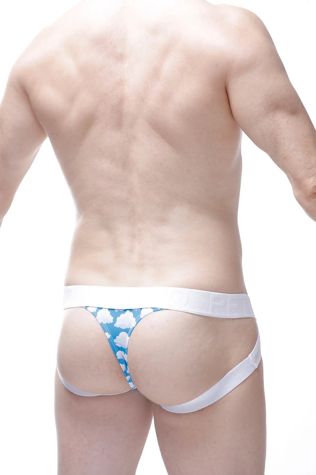 Blue and white cloud patterned briefs jockstring argein nuage with solid white waistband front view