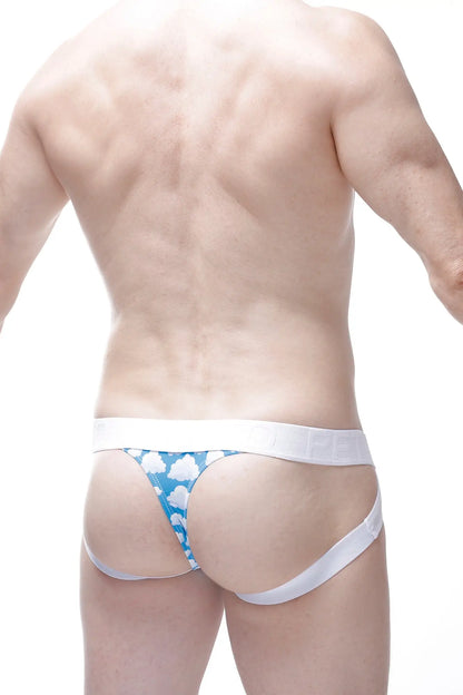 Blue and white cloud patterned briefs jockstring argein nuage with solid white waistband front view