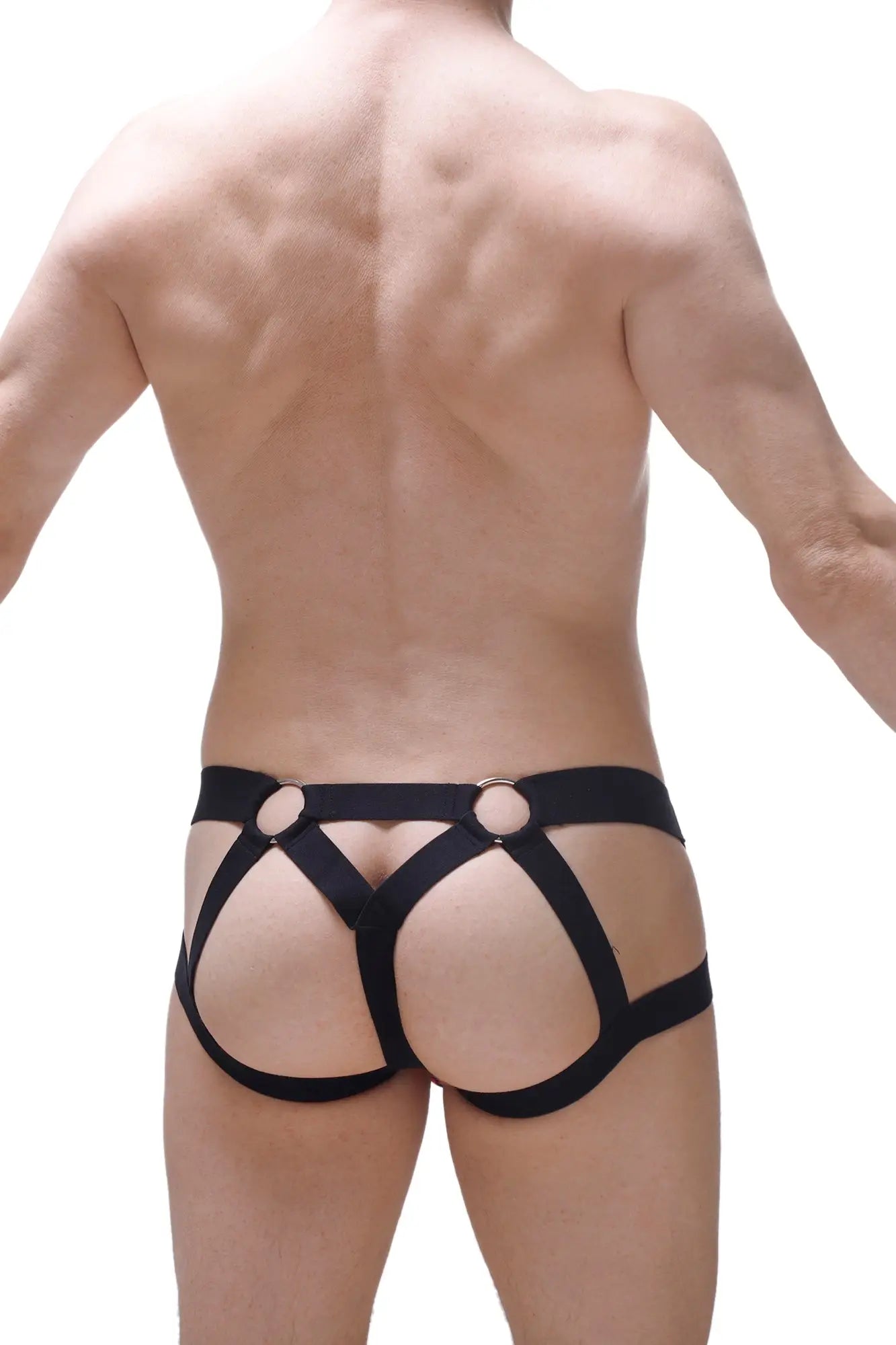 Black harness-style jockstring beast ascan briefs with circular metal rings at the waistband front view