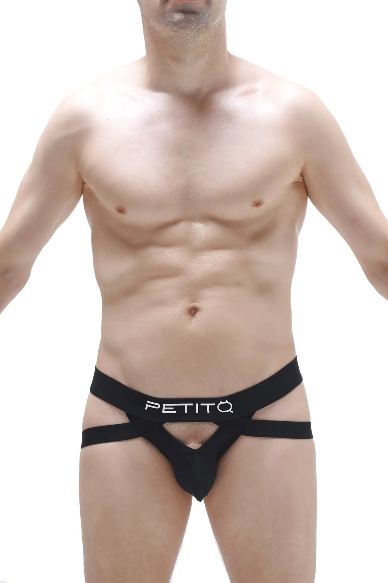 Black petito jockstring brest men’s briefs in black with distinctive cut and white logo on waistband front view