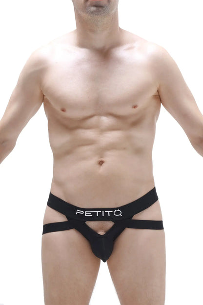 Black petito jockstring brest men’s briefs in black with distinctive cut and white logo on waistband front view