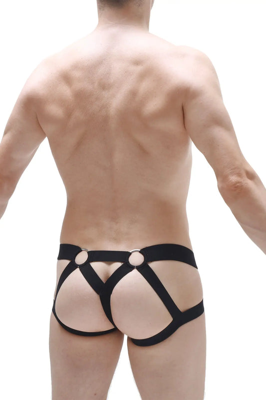 Black leather-like jockstring brest red briefs with circular metal rings on the back side