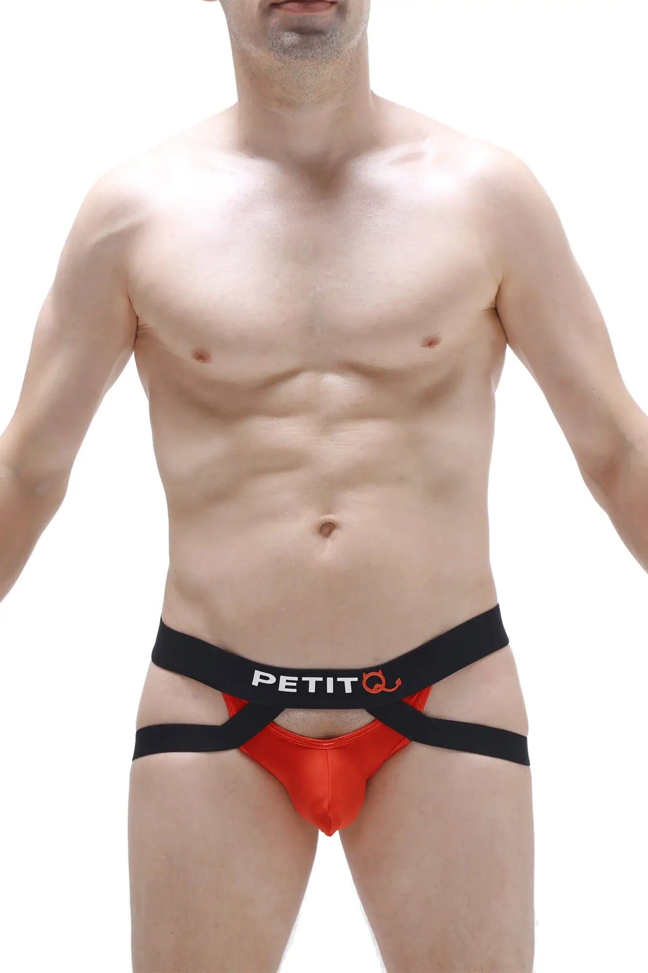 Red and black jockstring brest men’s briefs with distinctive crisscross design and breathable fabric for comfort