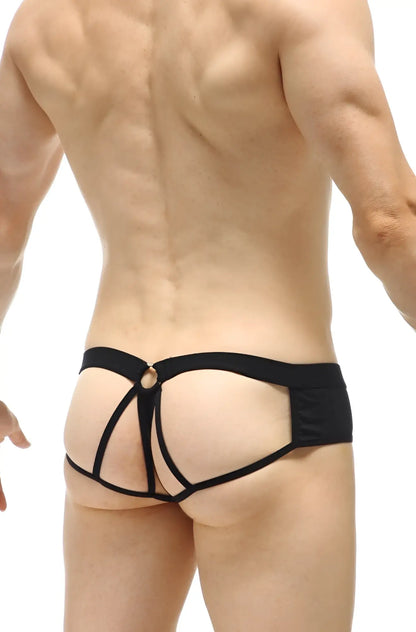 Back side of black lace-trimmed jockstring brioux noir briefs with a central circular metal ring detail