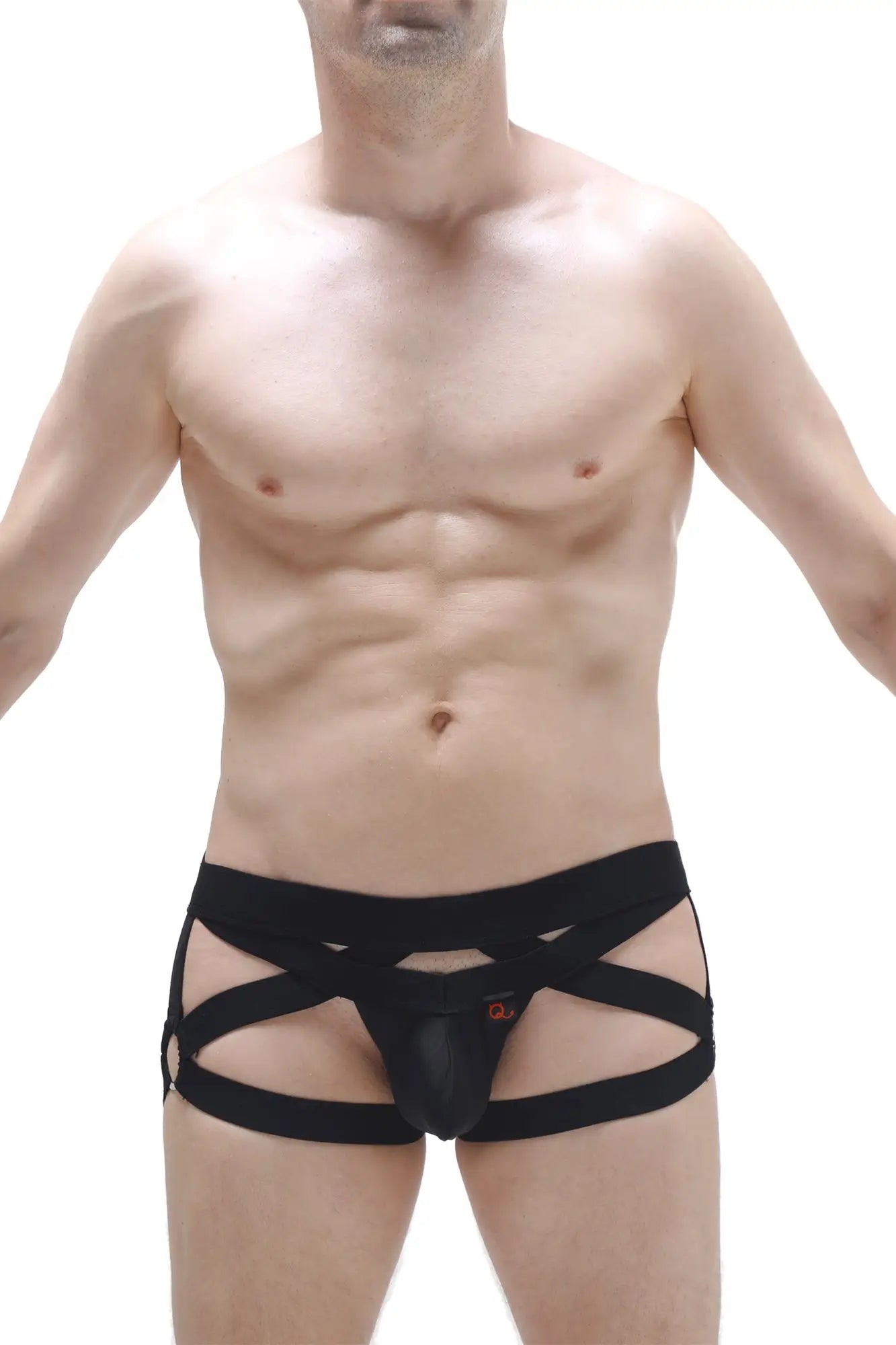 Black lace-up jockstring bustic briefs with supportive strappy design front view