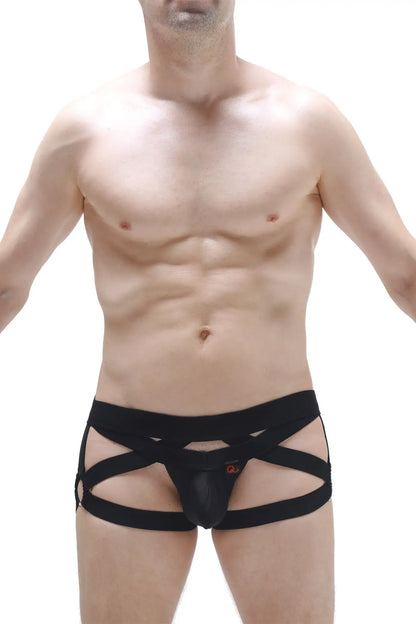 Black lace-up jockstring bustic briefs with supportive strappy design front view