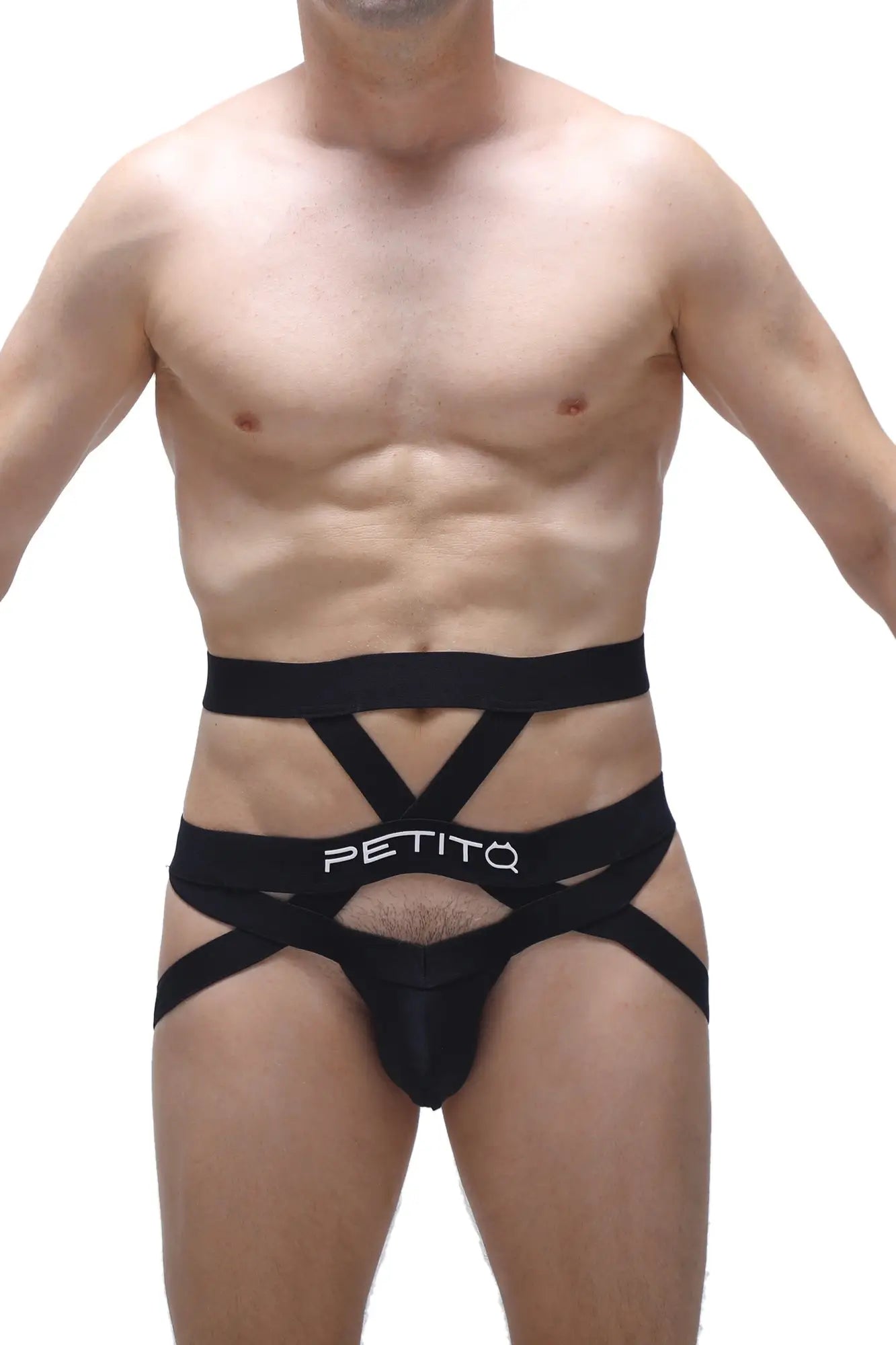 Black petitq men’s strappy briefs jockstring bustic with bold crisscross design for edgy and comfortable wear