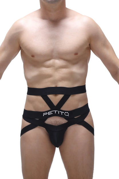 Black petitq men’s strappy briefs jockstring bustic with bold crisscross design for edgy and comfortable wear