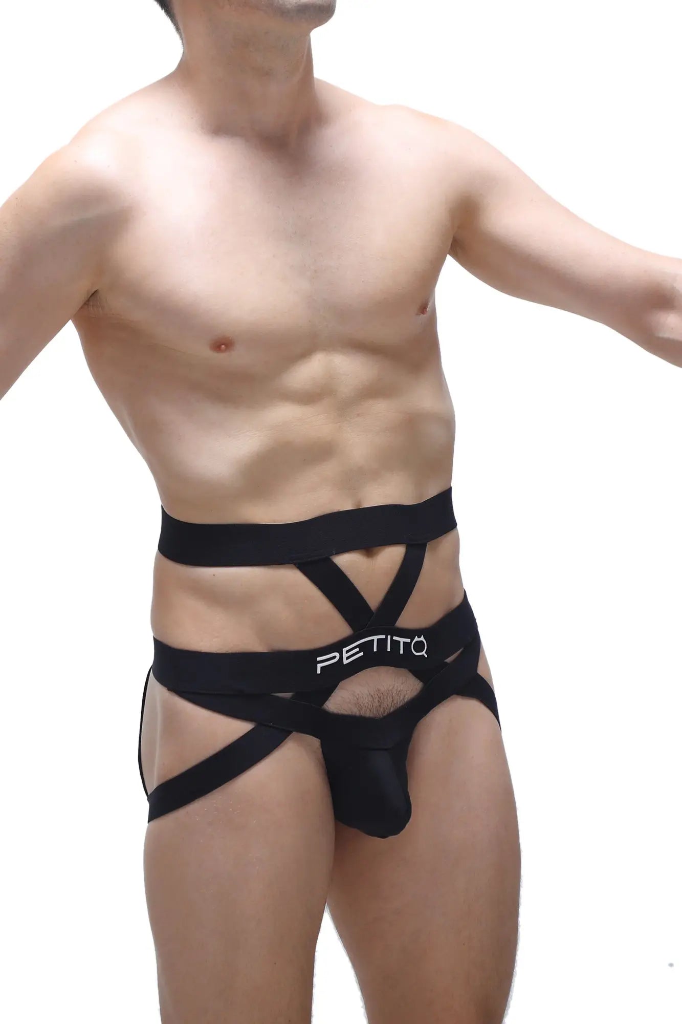 Black petitq jockstring bustic men’s strappy briefs with crisscross design and mesh paneling front view