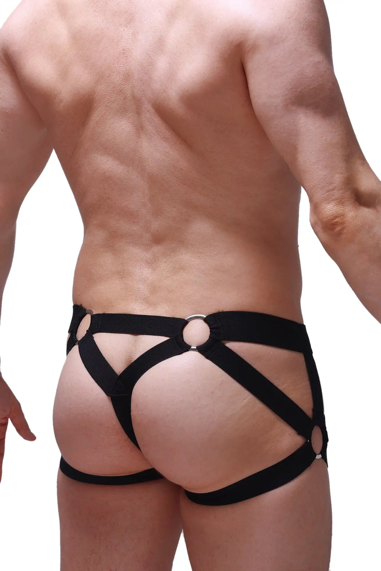 Black leather harness style briefs with silver toned metal rings jockstring bustic mesh black design