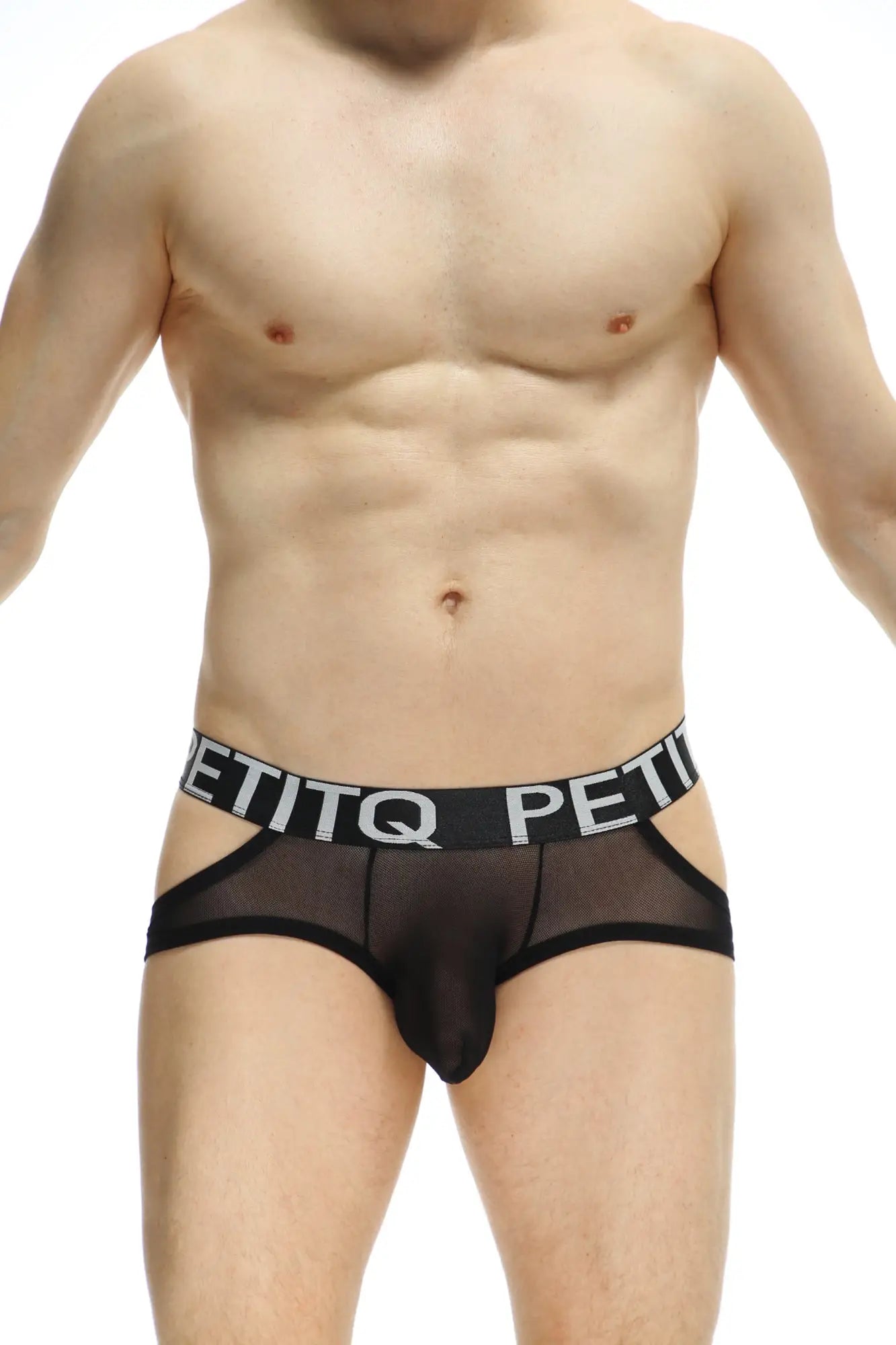 Black sheer mesh jockstring briefs with bold black waistband and white petitq lettering in front view