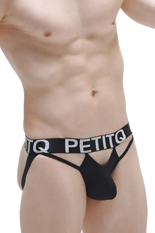 Black petitq jockstring mano plum briefs with bold white logo band and supportive contoured design