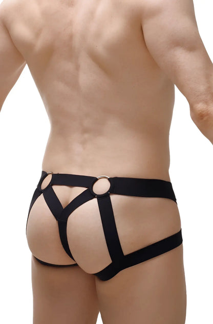 Black harness-style jockstring briefs with circular metal rings at waistband by petitq beast 2023