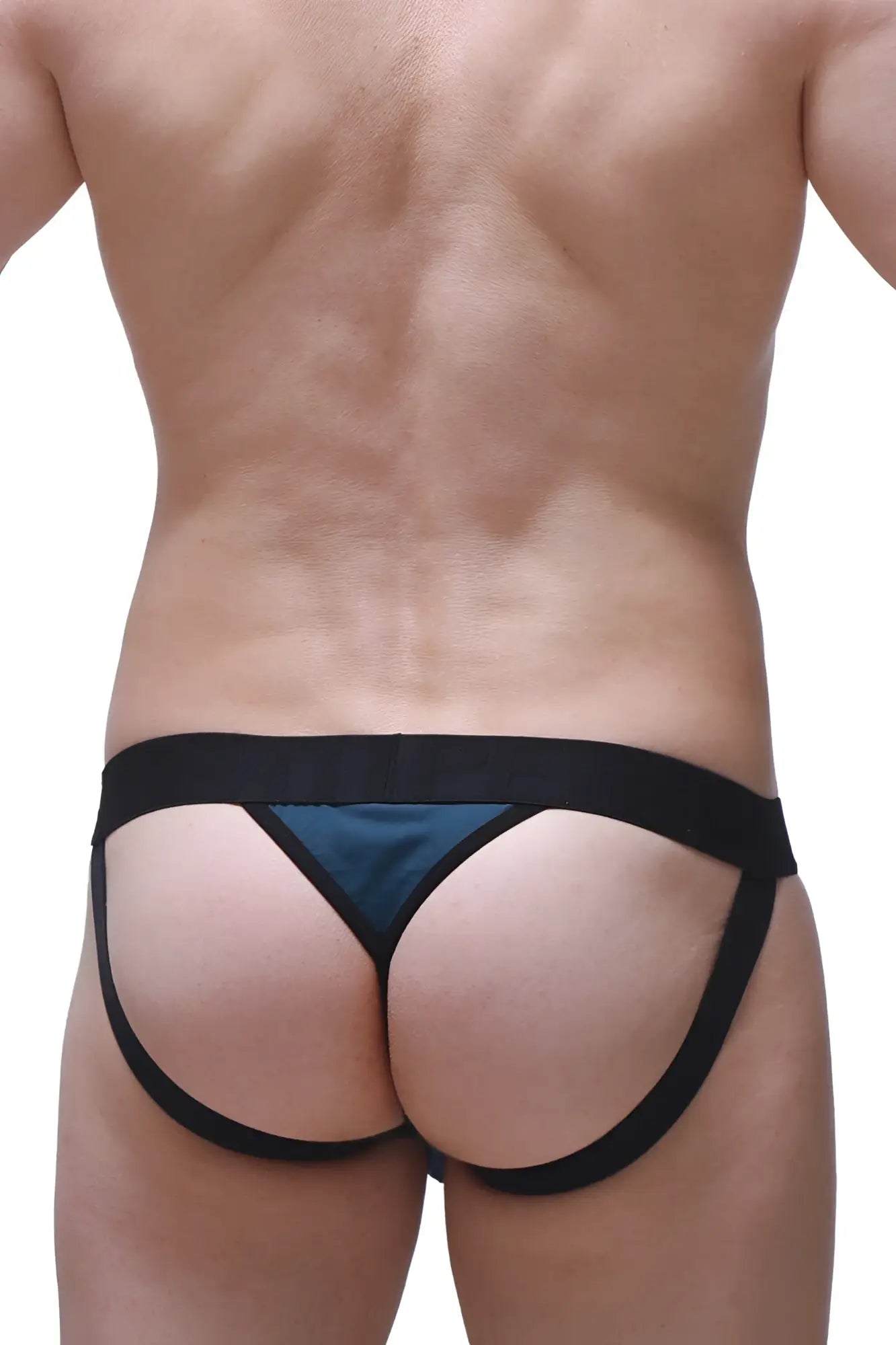Black and teal jockstring prussian blue thong with a wide waistband and leg straps shown from the back side