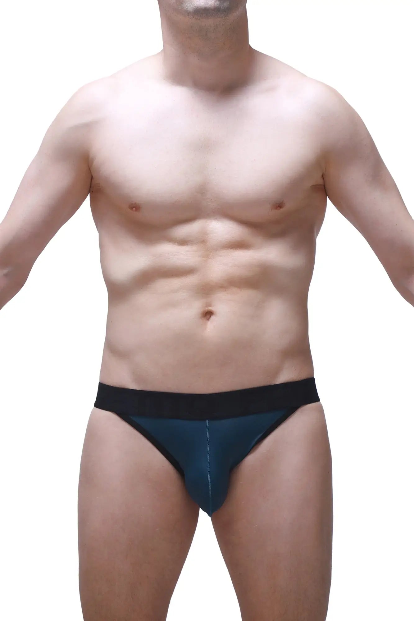 Dark blue athletic jockstring briefs with a contrasting black waistband for supportive activewear use