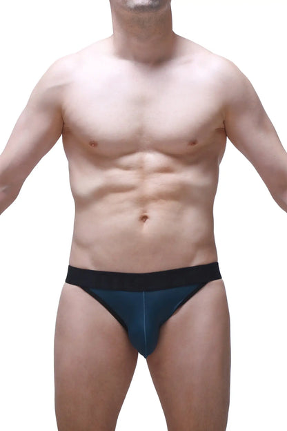 Dark blue athletic jockstring briefs with a contrasting black waistband for supportive activewear use
