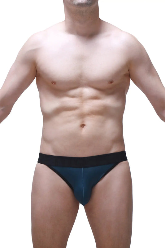 Dark blue athletic jockstring briefs with a contrasting black waistband for supportive activewear use