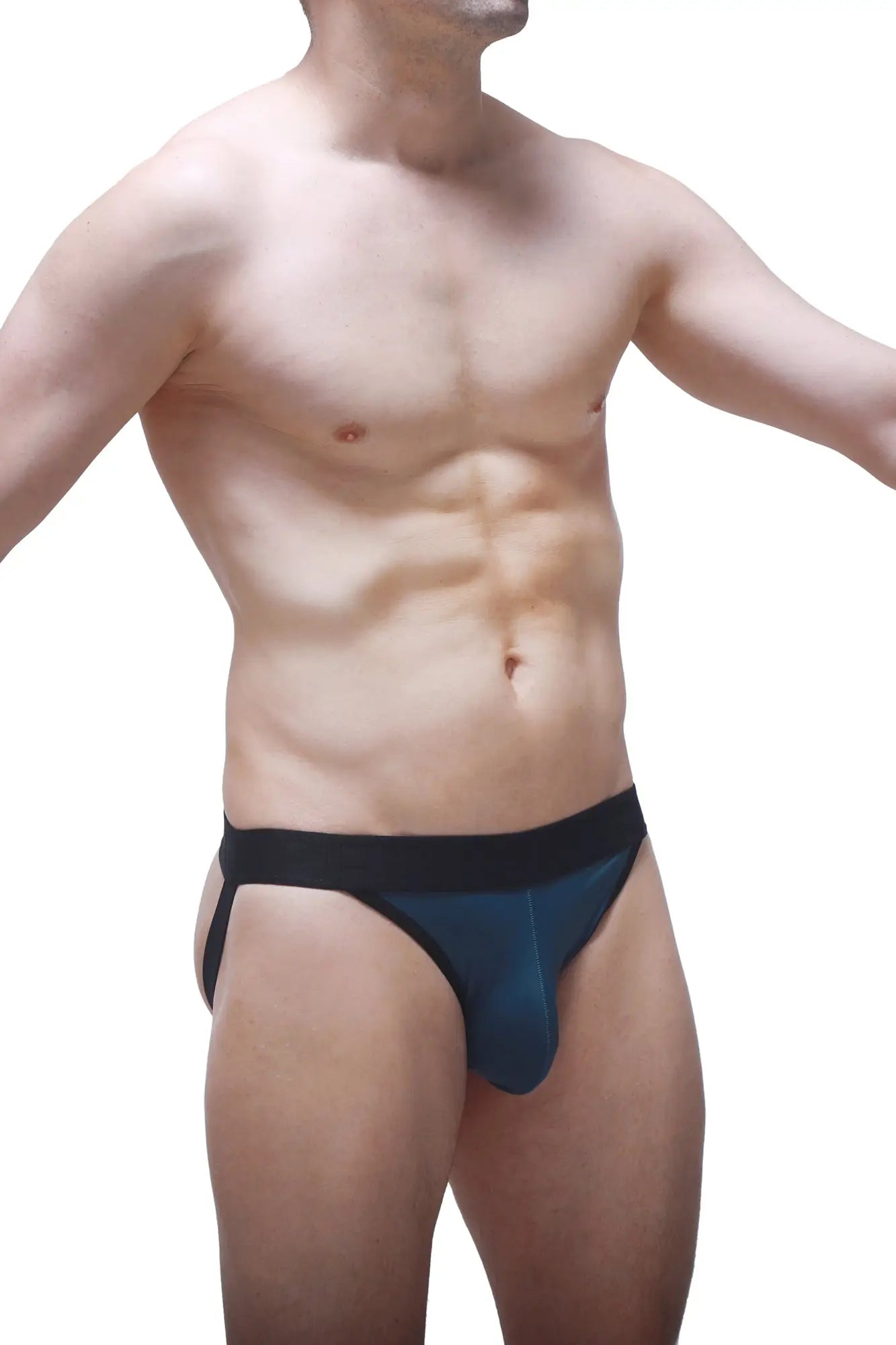 Dark blue form-fitting jockstring briefs with a black waistband designed for support and comfort in prussian blue