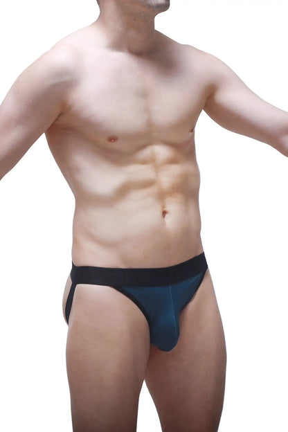 Dark blue form-fitting jockstring briefs with a black waistband designed for support and comfort in prussian blue