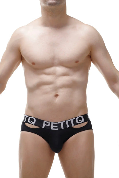 Black petitq men’s jockstring rilly Econyl briefs with white logo band and cutout details front view