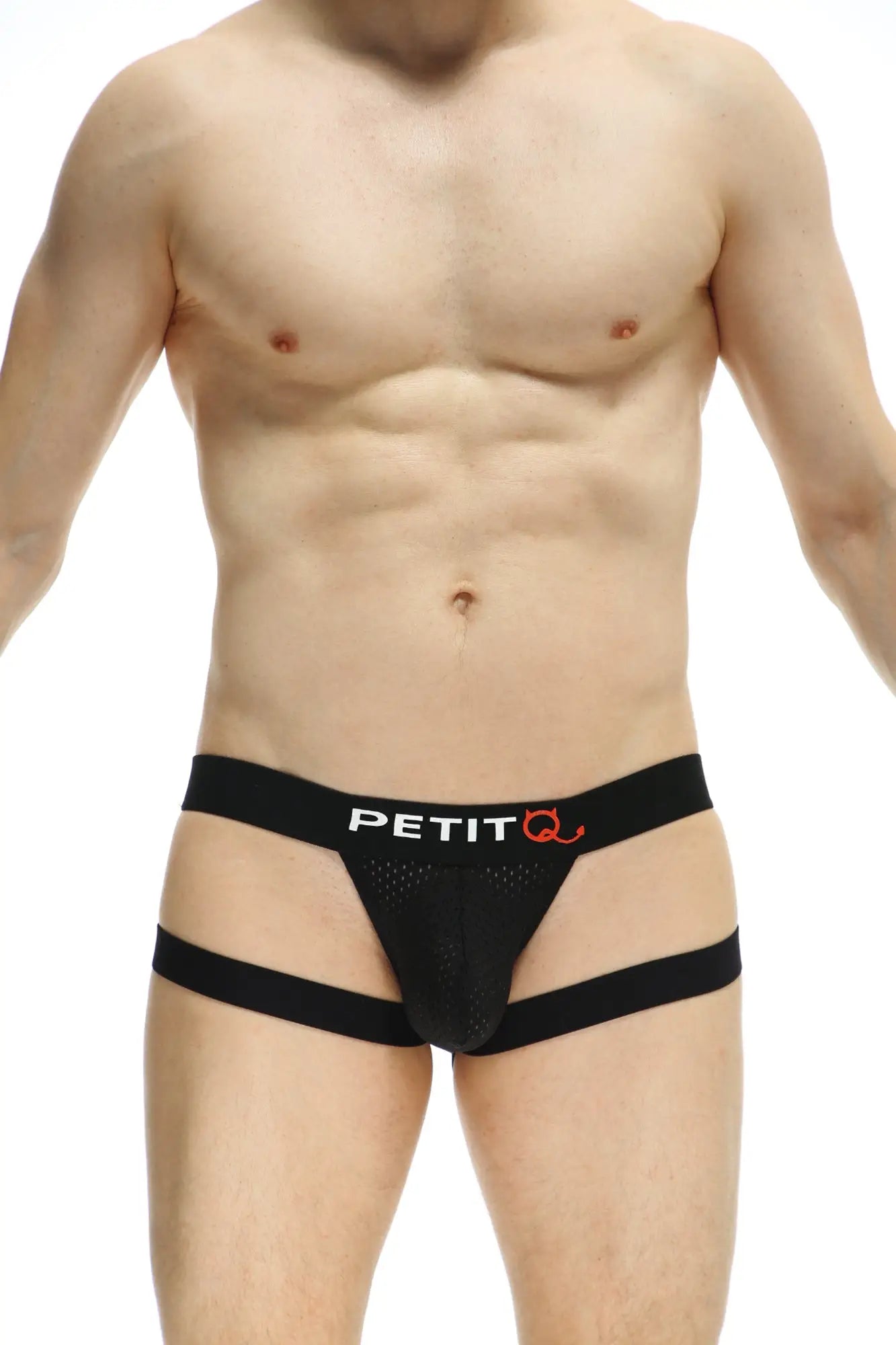 Black petit q brand men’s jockstring seyre bee briefs with mesh front and side straps for breathable comfort