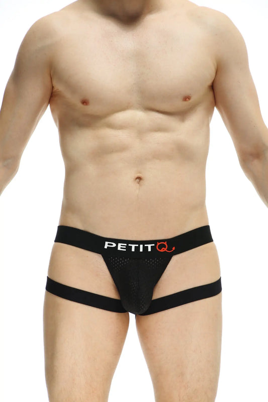 Black petit q brand men’s jockstring seyre bee briefs with mesh front and side straps for breathable comfort