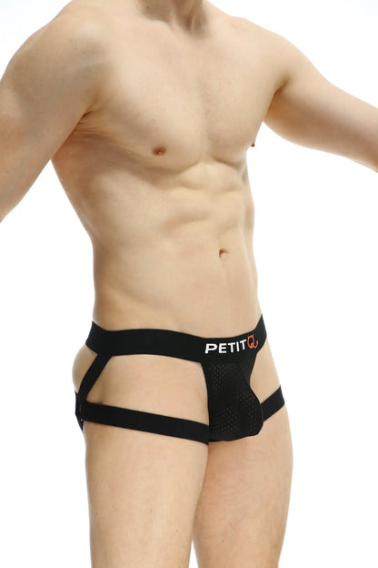 Black petitq brand men’s jockstring seyre bee briefs with mesh panel and side straps in black