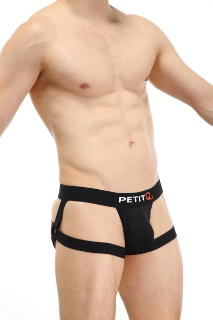 Black petitq jockstring seyre mens briefs with supportive contoured design and side straps shown from the back side