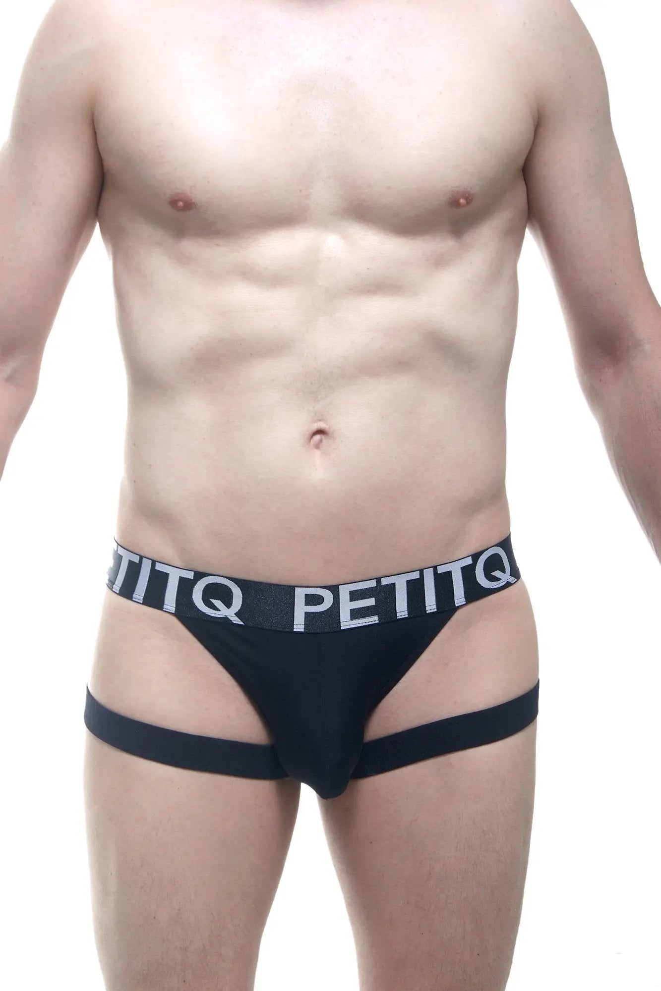 Black petitq brand jockstring seyre briefs with contrasting white logo waistband for comfortable support