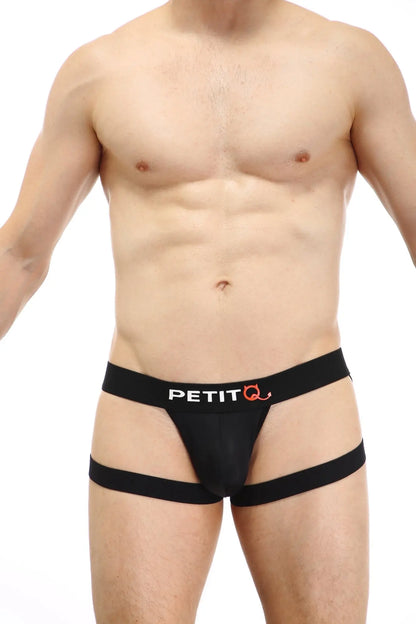Black petitq jockstring seyre briefs with sleek form-fitting design and distinctive side straps front view