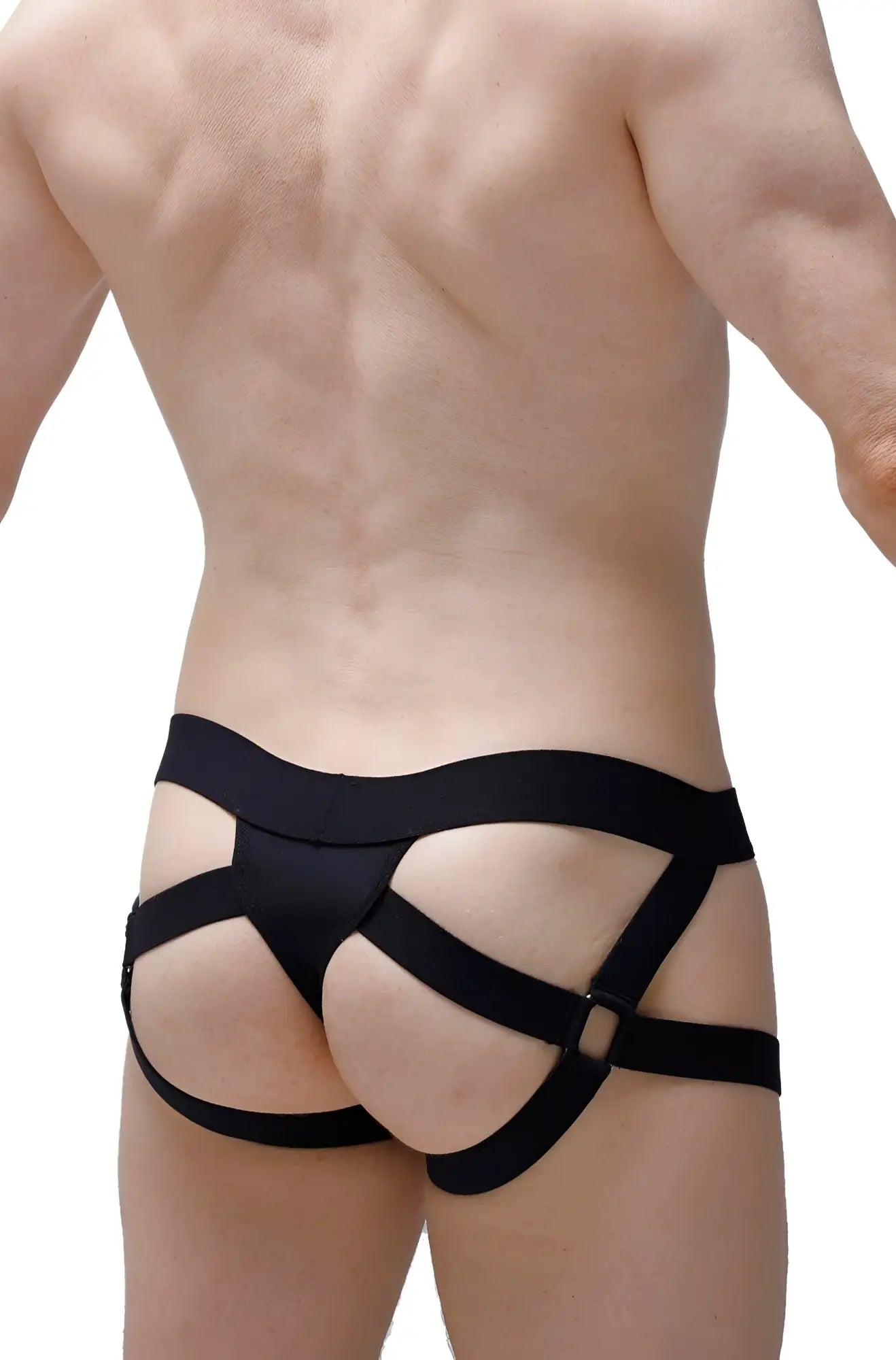Black sleek form-fitting harness-style jockstring seyre petitq with multiple straps for a bold modern look