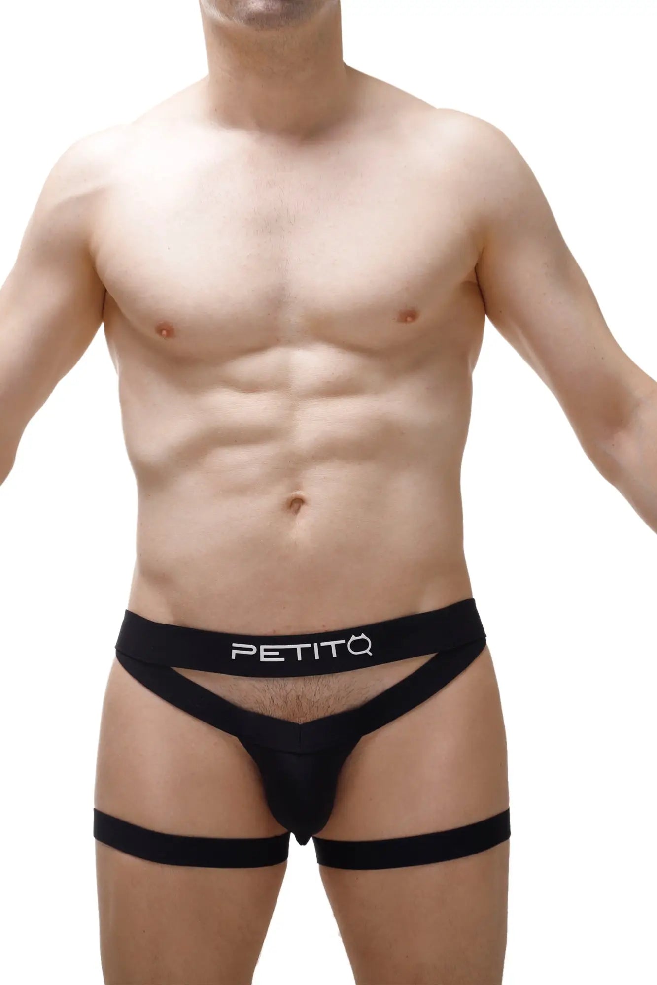 Black petitq branded jockstring briefs with cut-out design and leg straps in spieiger black 2023 collection