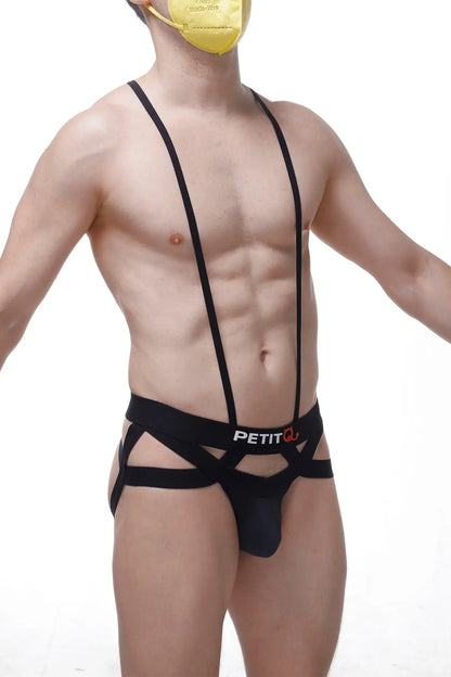 Black petitq jockstring suspenbust men’s strappy briefs with crisscross design and elastic waistband