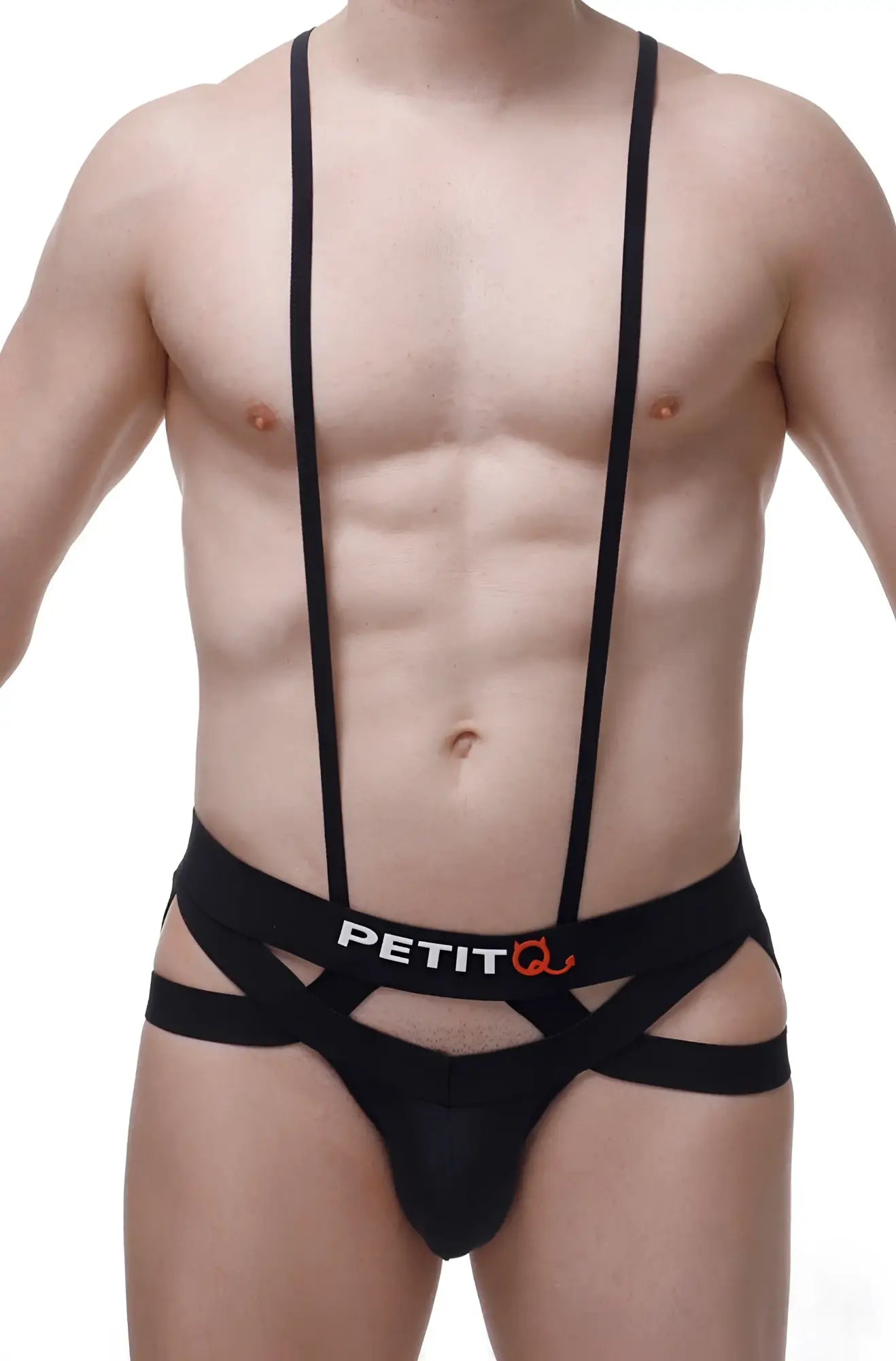 Black petitq jockstring suspenbust suspender-style briefs with sleek form-fitting design and crisscrossing straps