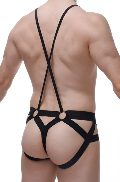 Black jockstring suspenbust briefs with strappy harness style crisscross back straps and circular metal rings